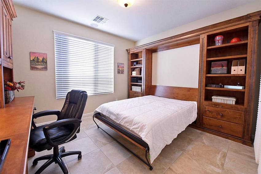 Bedroom with fold up bed and office desk