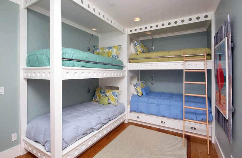 L-shaped bunk beds with four mattresses