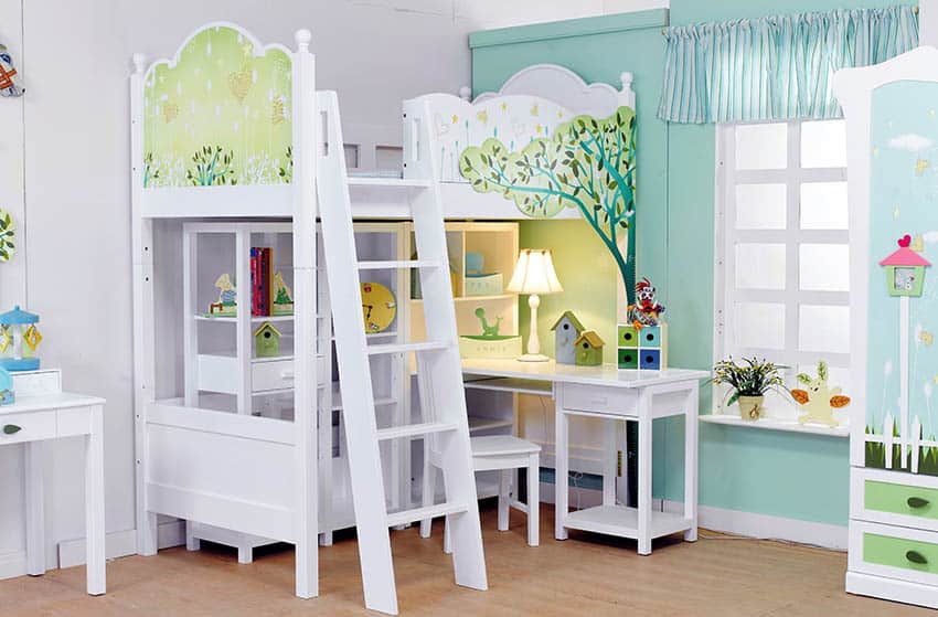 Childs bedroom with loft bed and desk underneath