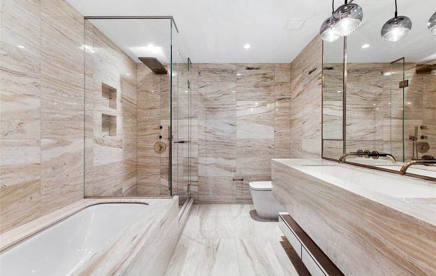 Bathroom with limestone tile and floating vanity