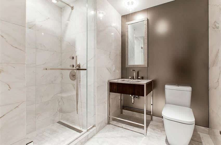 Contemporary bathroom with marble tile shower