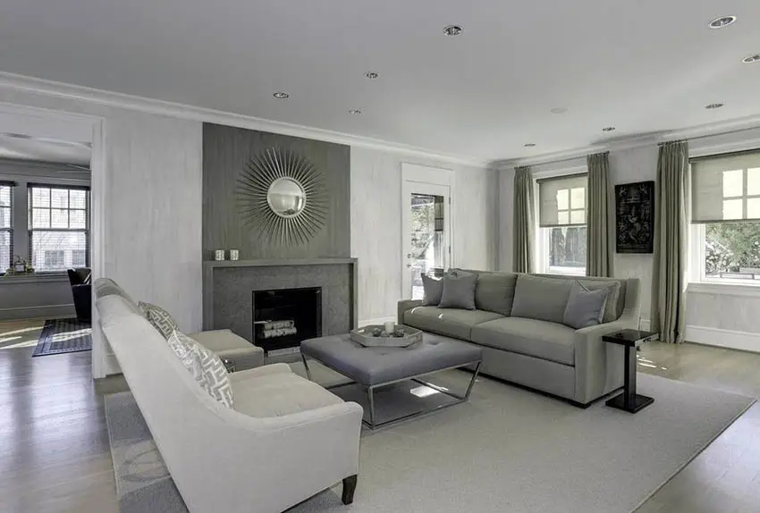 Contemporary gray living room two tone furniture and dark gray fireplace