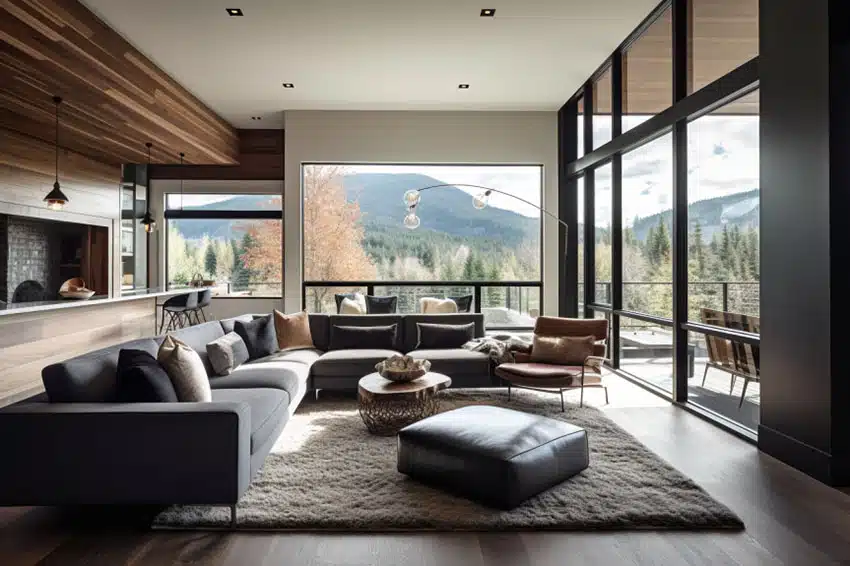 Room with black window trim and large sectional sofa