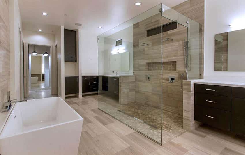 Bathroom with wood look porcelain tile flooring and shower