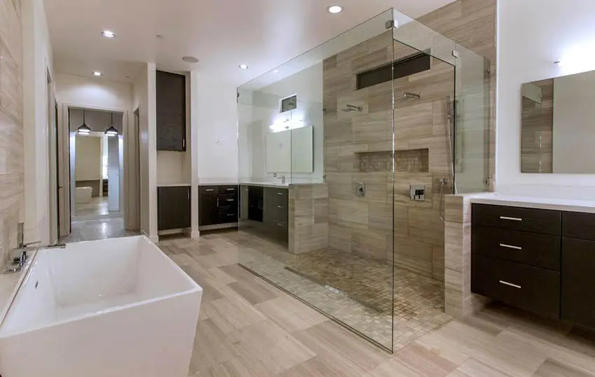 Bathroom with wood look porcelain tile and shower