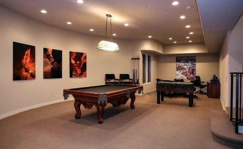 Game room with brown carpet