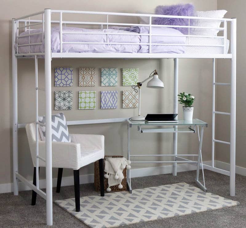 Metal twin loft bed with white color design