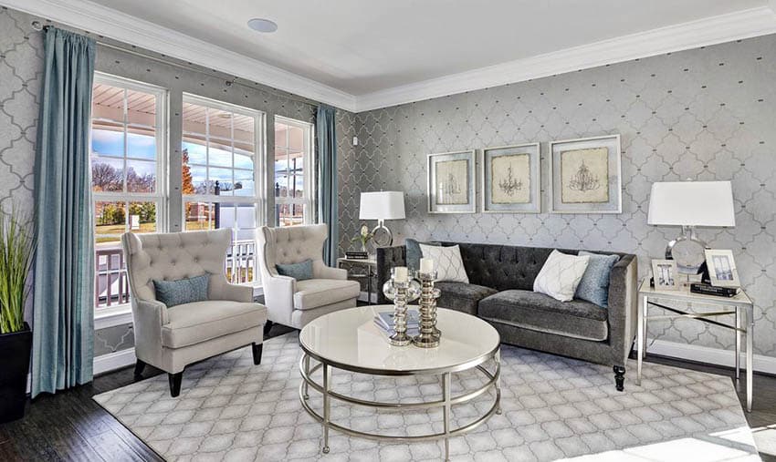 Traditional living room with gray pattern wallpaper and dark wood floors