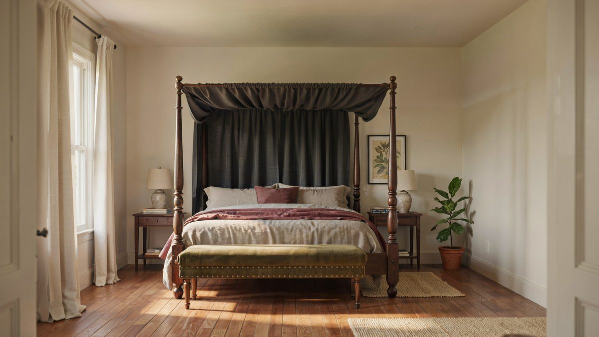 Bedroom with a canopy four poster bed, olive bench and botanical print