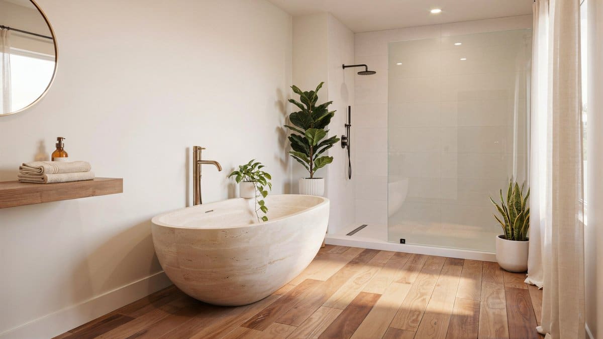Bright off-white bathroom with a stone-clad tub, glass shower, and potted plants