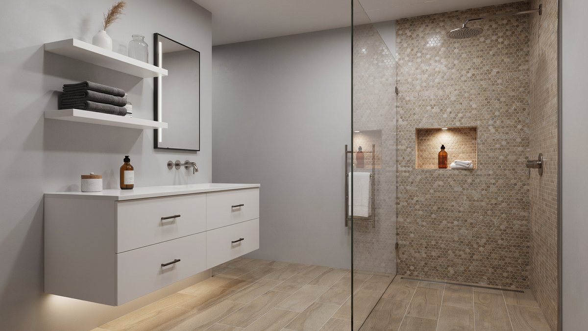 Chic gray bathroom with floating shelves, mixed tile sizes, and soft lighting