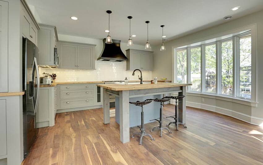 Wood kitchen countertops with hardwood flooring and light gray cabinetry