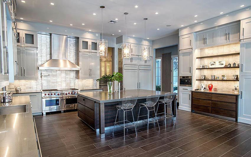 Kitchen with pewter gray colored cabinets and gray semi gloss walls
