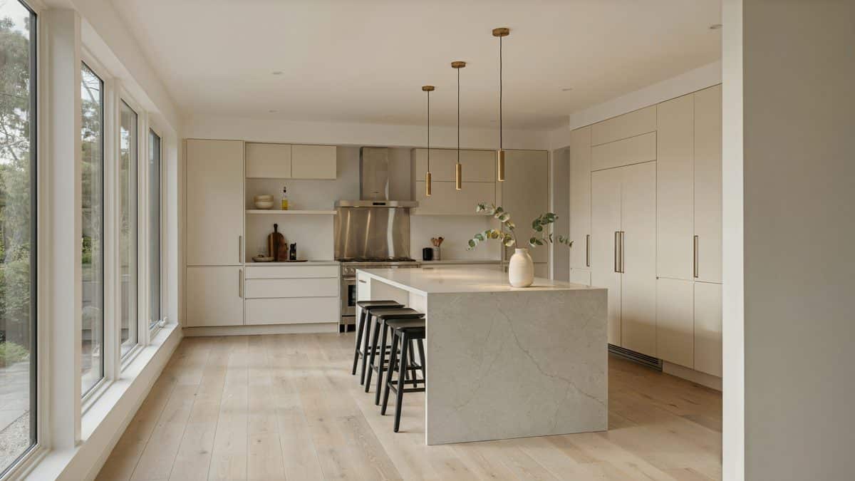 Minimalist kitchen with cream slab cabinets, stone island and black stools