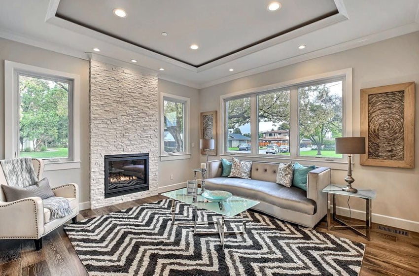 contemporary living room with wood floors gas fireplace and tray ceiling