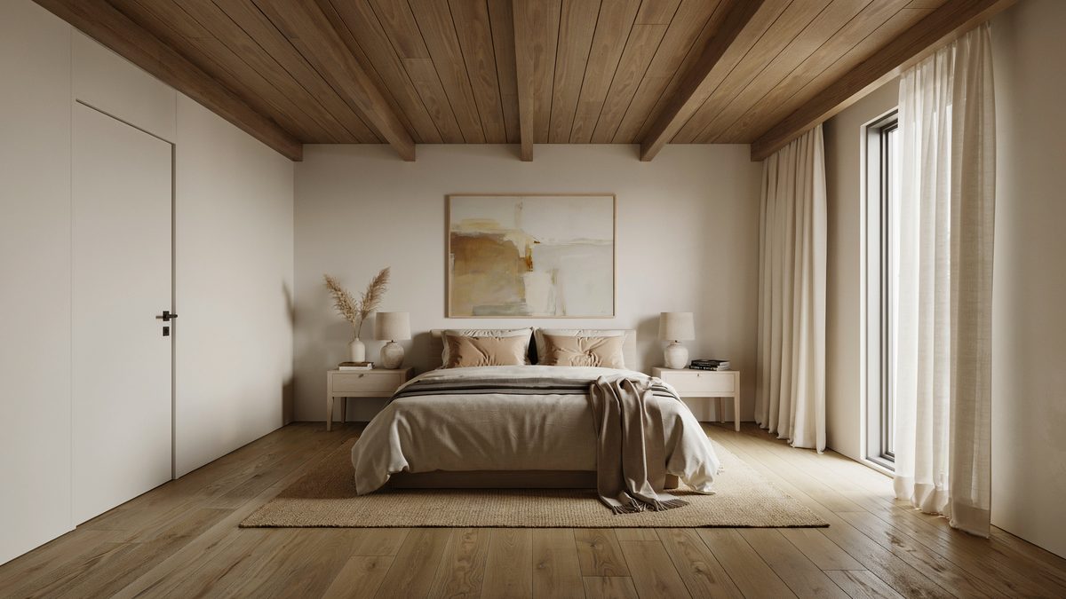 Bedroom with a planked wood ceiling, low platform bed and jute rug
