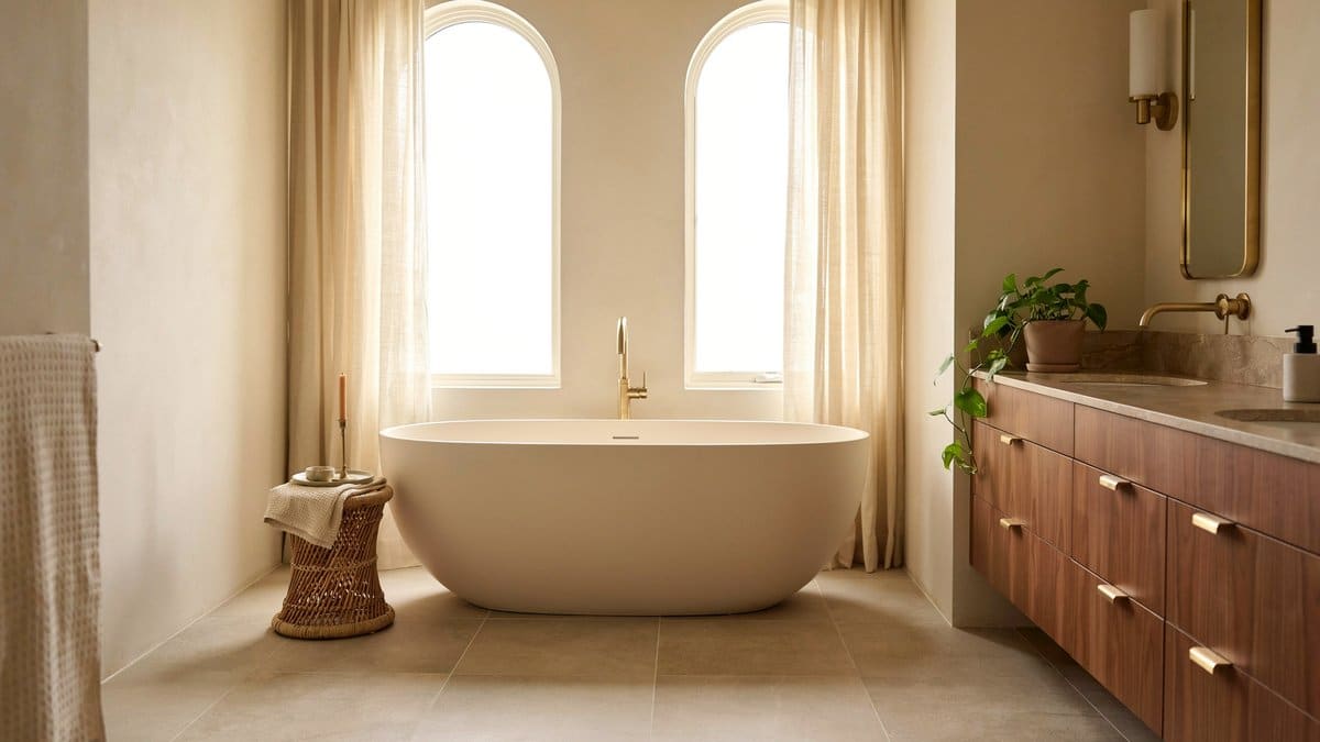 Warm gold bathroom with a tub between draped windows and cherrywood vanity