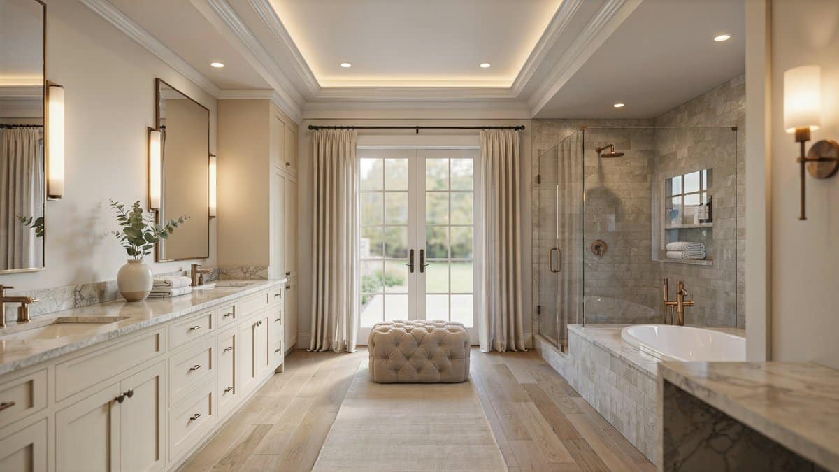 Spacious master bath with a tray ceiling, cream cabinets, and walk-in shower