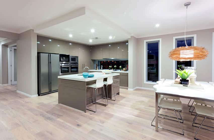 Kitchen with greige walls with recessed lighting