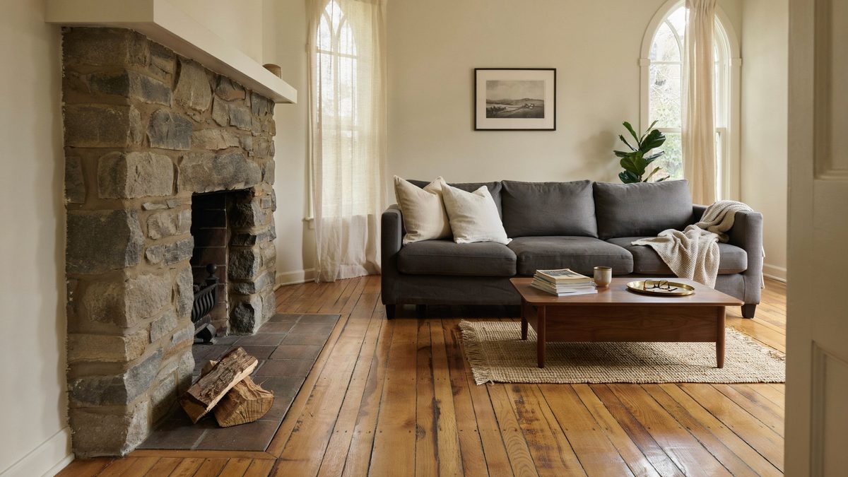Living room with stacked stone fireplace, gray sofa and arched windows