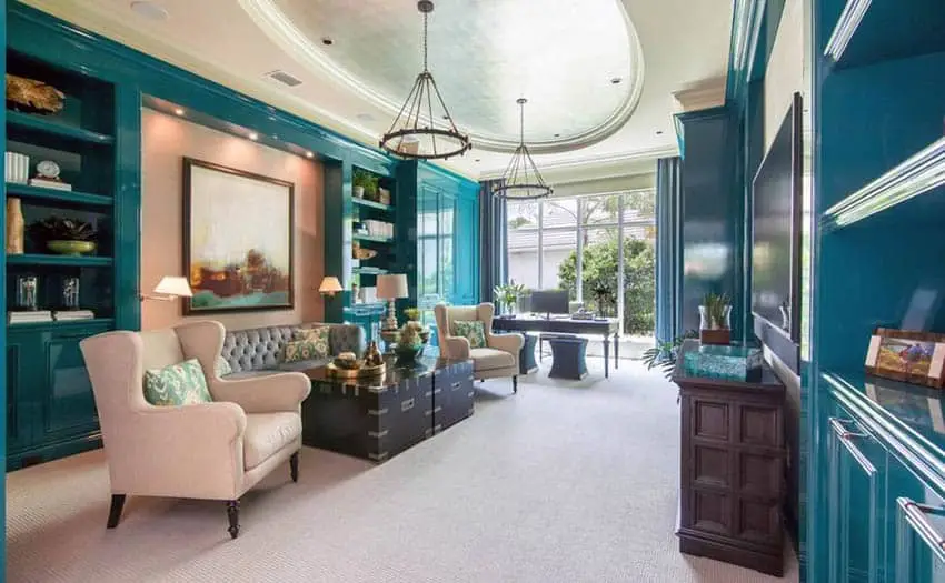 Living room with oval tray ceiling and aqua blue wall paint