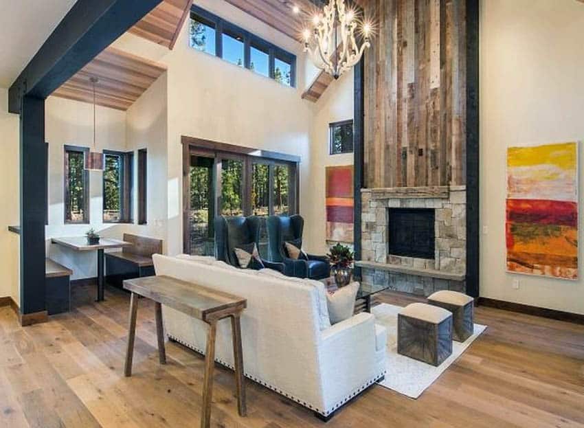 Living room with reclaimed wood and stone fireplace