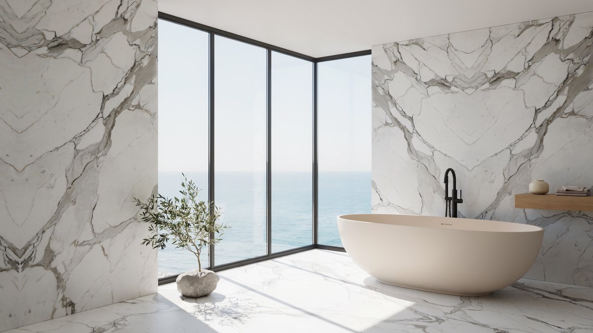 White marble bathroom with a corner resin tub facing an ocean view