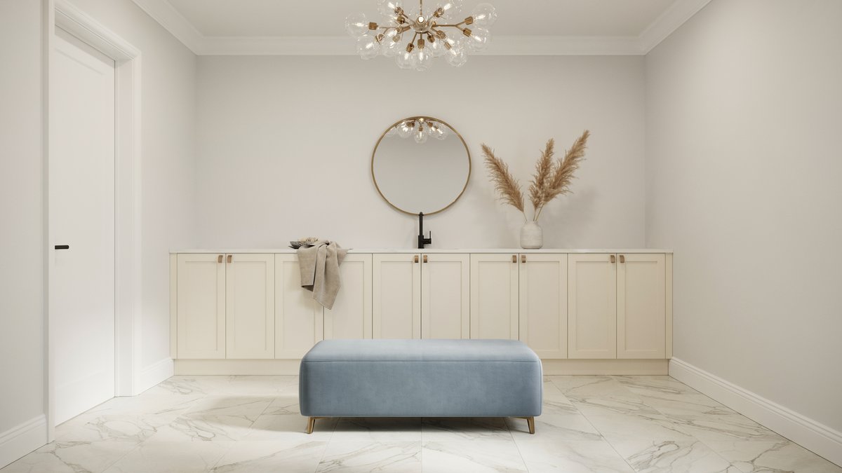 Luxury powder room with off-white cabinetry, a blue ottoman, and marble flooring