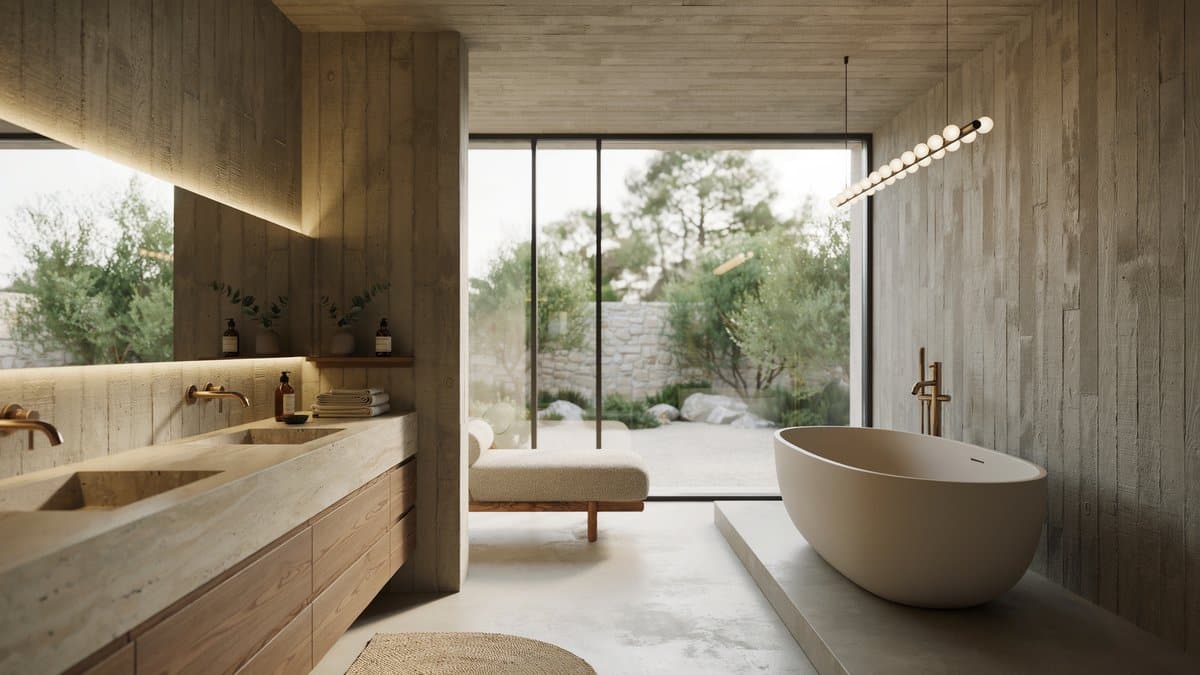 Concrete spa bath with a limestone vanity, freestanding tub, and chaise lounge