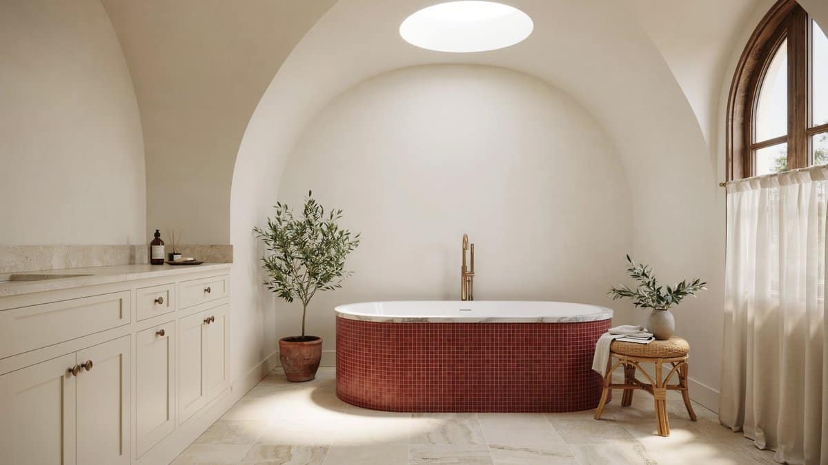 Mediterranean bath with travertine floors, a red mosaic tub, and arched skylight