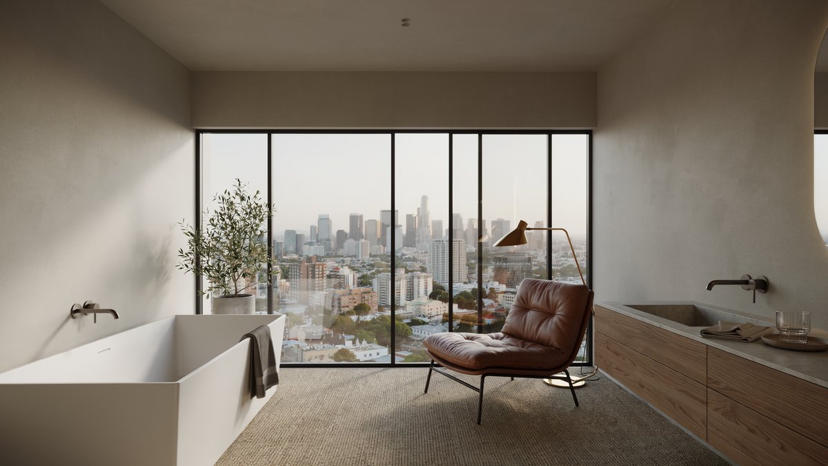 City-view bathroom with a rectangular tub, leather chair, and woven-texture floor