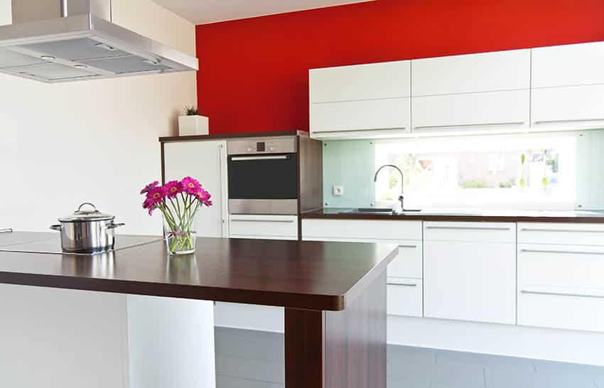 Modern white cabinet kitchen with red painted wall