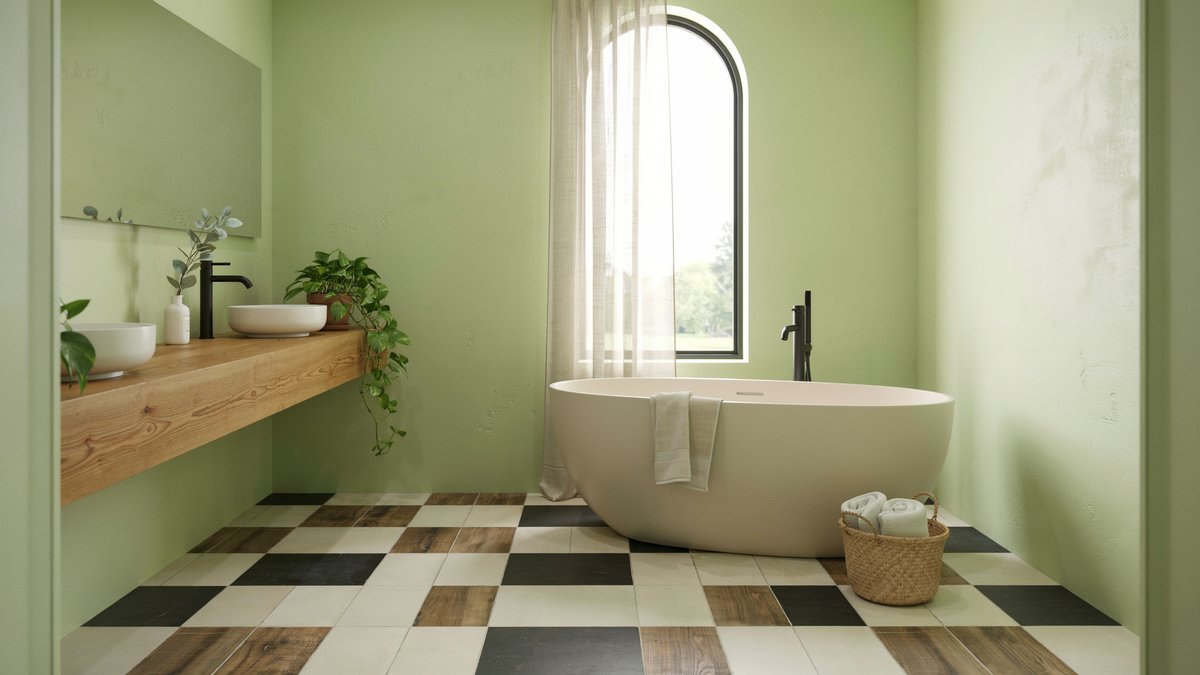 Lime green bathroom mixing oak cabinetry, block floor tiles, and a rounded tub