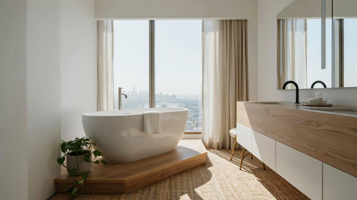 Penthouse bathroom with a raised platform tub and large mirrored windows