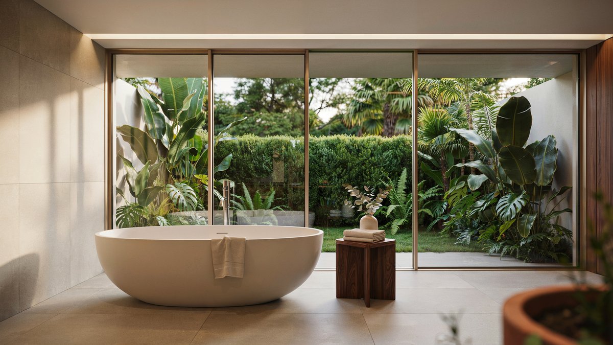 Glass-walled garden bathroom with a central tub and low wenge side table