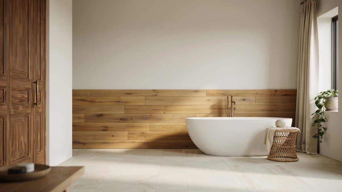 Airy resort bathroom with wood pillars and a sculptural white freestanding tub