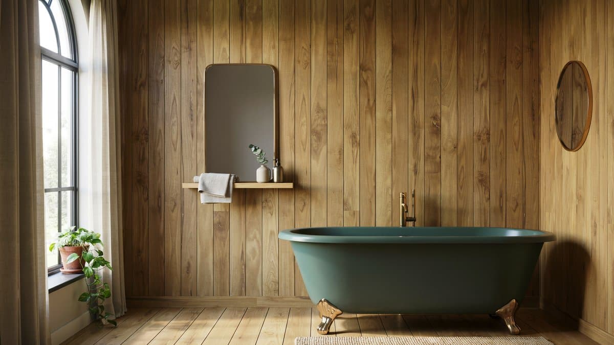 Oak-plank rustic bathroom with a deep green clawfoot tub and gold feet