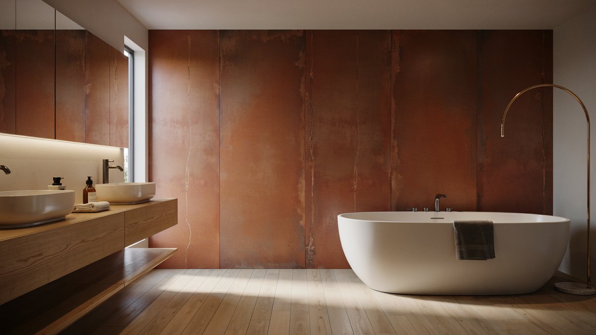 Copper tile accent wall behind a jacuzzi tub and dual vessel sinks