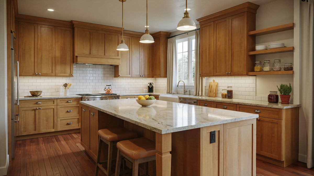 Wood cabinet kitchen with subway tile backsplash and a granite topped island