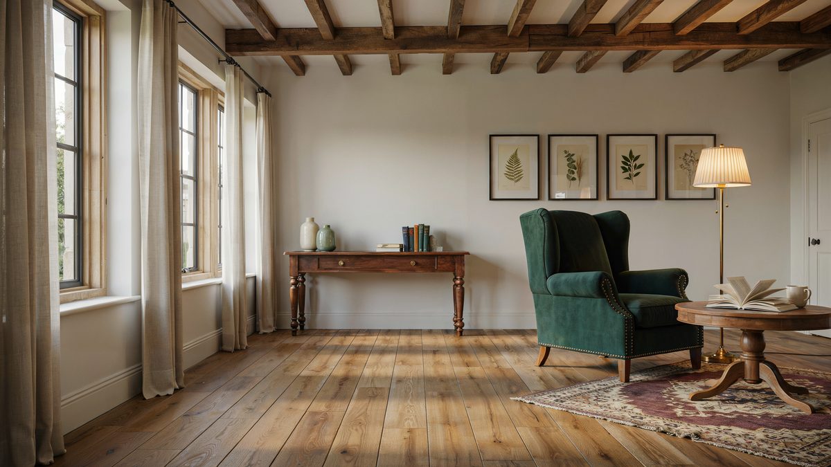 Room with rough hewn ceiling beams, green wingback chair and walnut console
