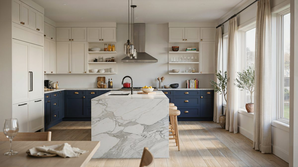 Kitchen with navy base cabinets, cream uppers and a marble waterfall island