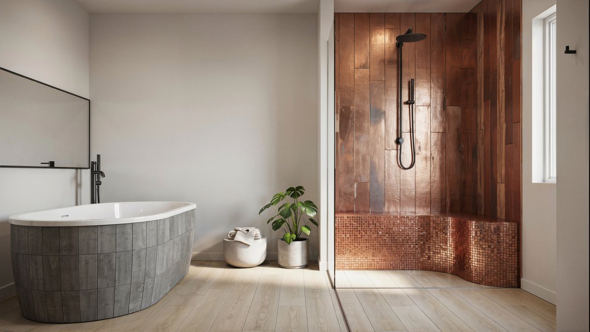 Modern bathroom featuring a faux-wood tiled tub and copper mosaic shower walls