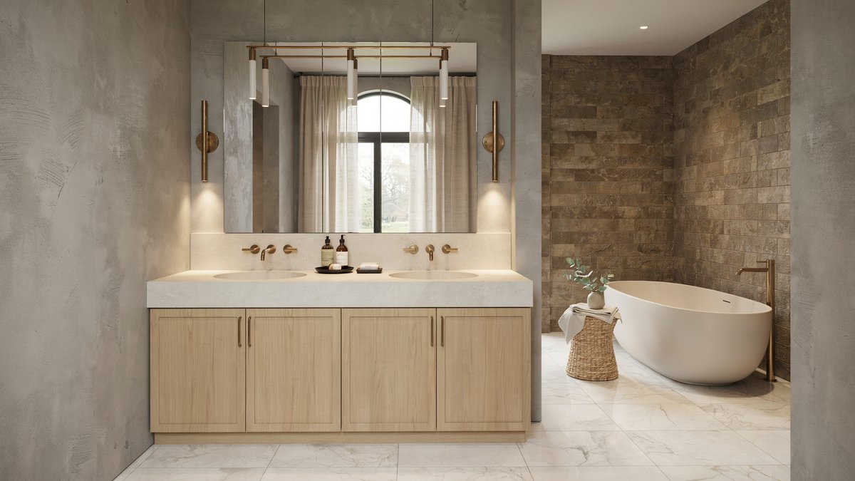 Contemporary bathroom pairing marble floors, stone tile walls, and a modern chandelier