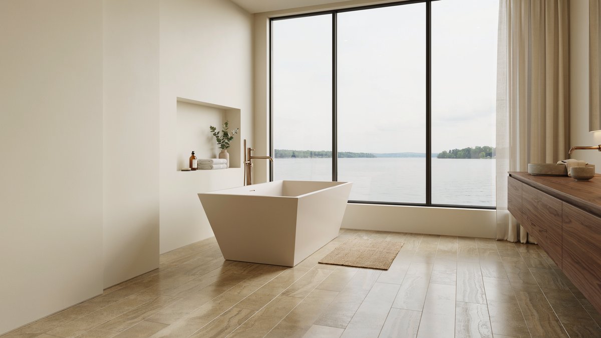 Waterfront bathroom with a soaking tub and faux-wood porcelain tile floor