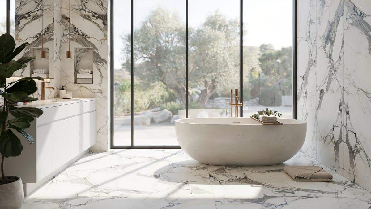 Marble bath with picture windows, gold-veined floors, and an oval soaking tub