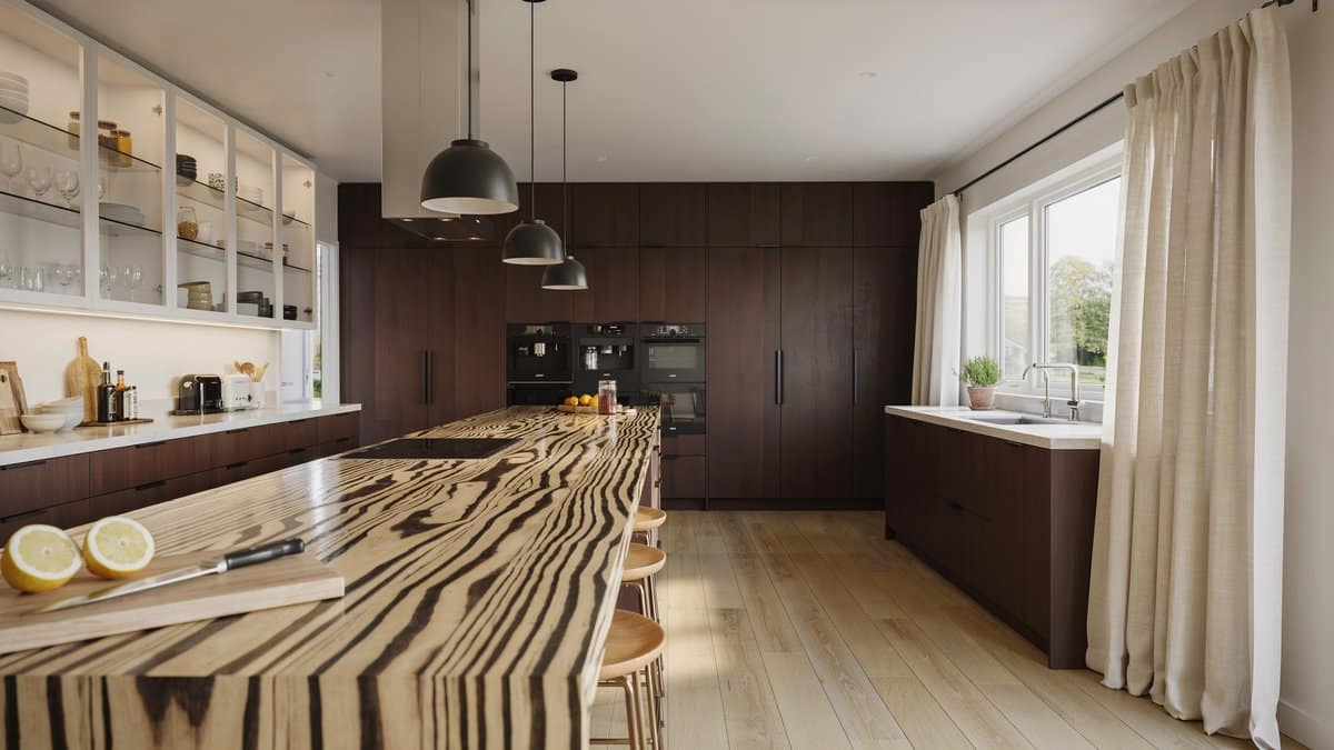 Large kitchen with zebra wood island, white countertops, and dark wengue pantry cabinets