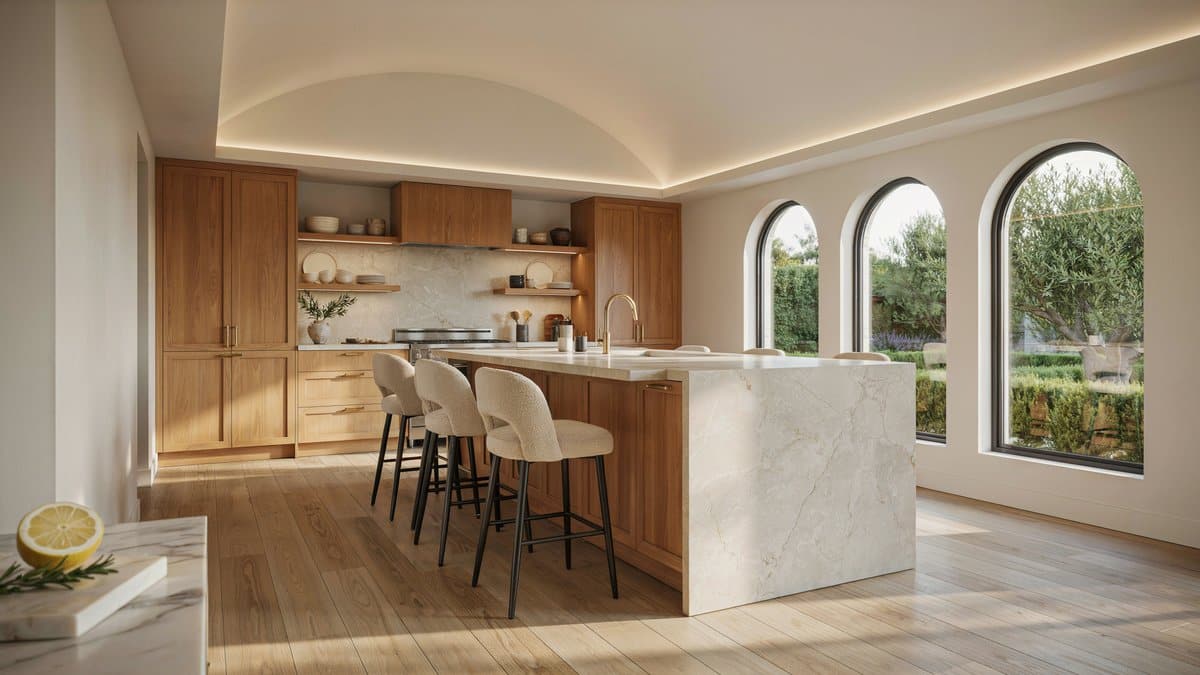 Glossy oak kitchen with a cream granite waterfall island under an arched ceiling