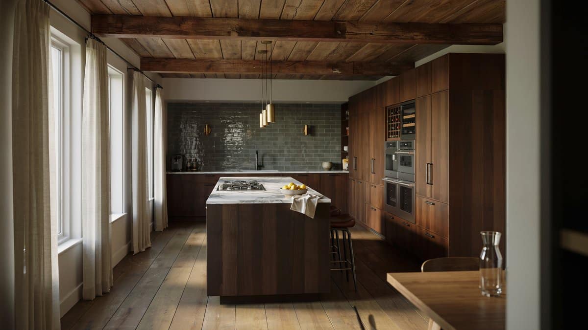 Teak-ceiling kitchen with a gas-range island and dark wengue cabinets
