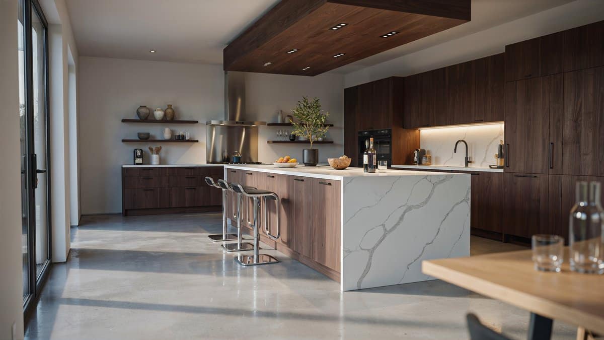 Open kitchen with white waterfall island, wengue cabinets, and chrome bar stools