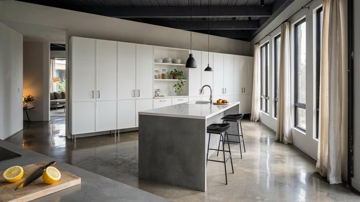 Industrial kitchen with white cabinets on steel legs and a gray island